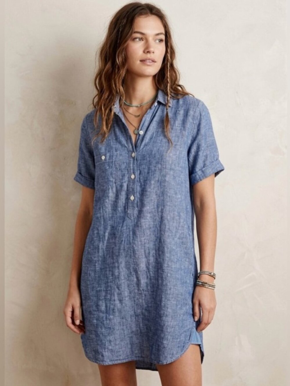 Free People × CP Shades Linen Short Sleeve Mini Dress Chambray Blue Small